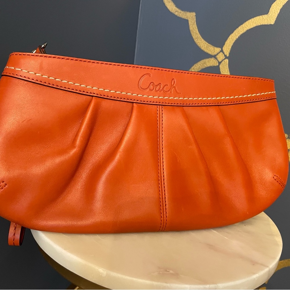 Coach Leather Pleated Wristlet - Sunset Orange Pop of Color